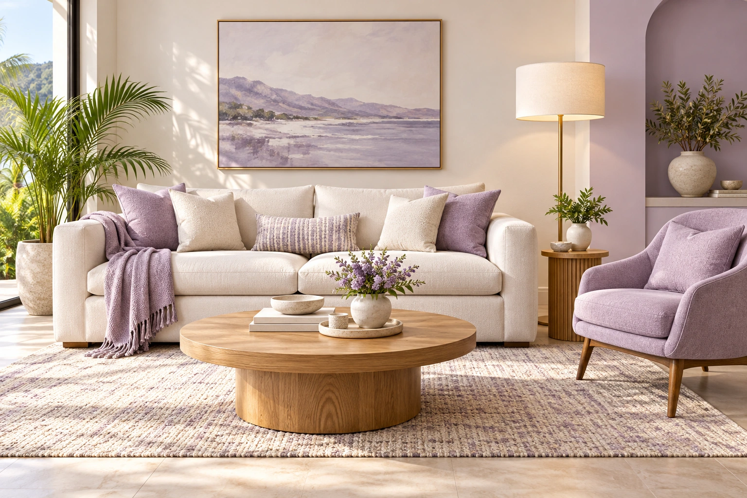 A stylish sofa, accent chair, coffee table and home furnishings